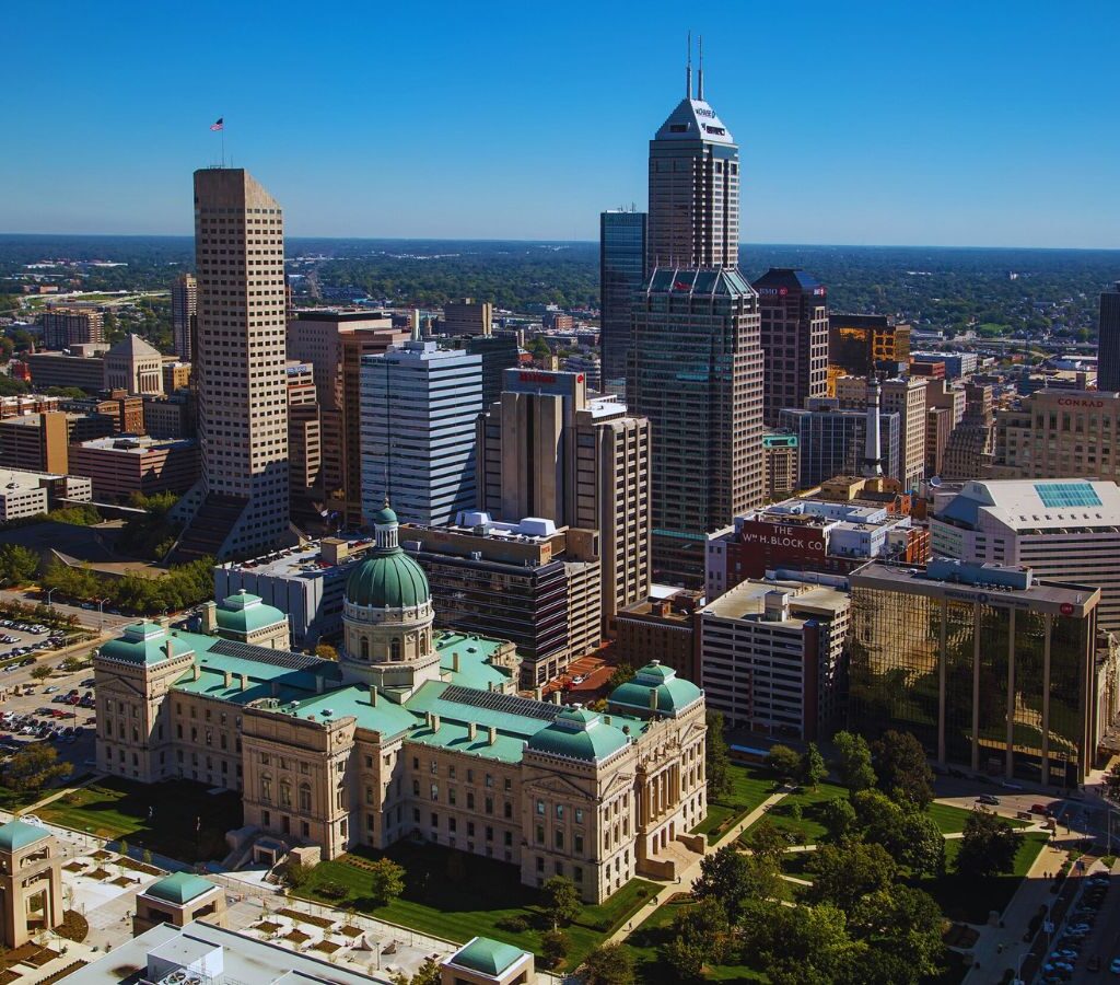Aerial looking east northeast across downtown, Indianapolis, IN